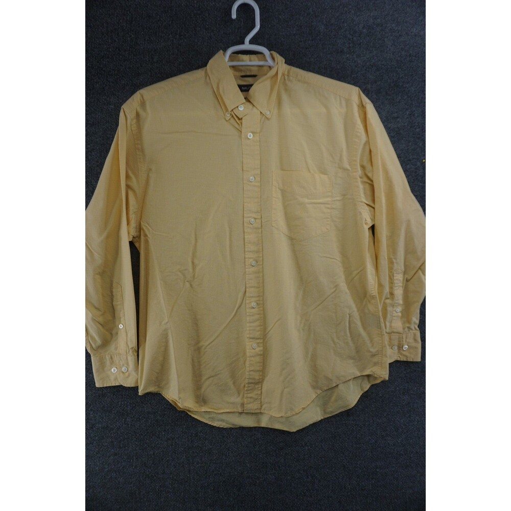 Nautica Shirt Mens Large Sanded Poplin Button Down Yellow Micro Check Cotton